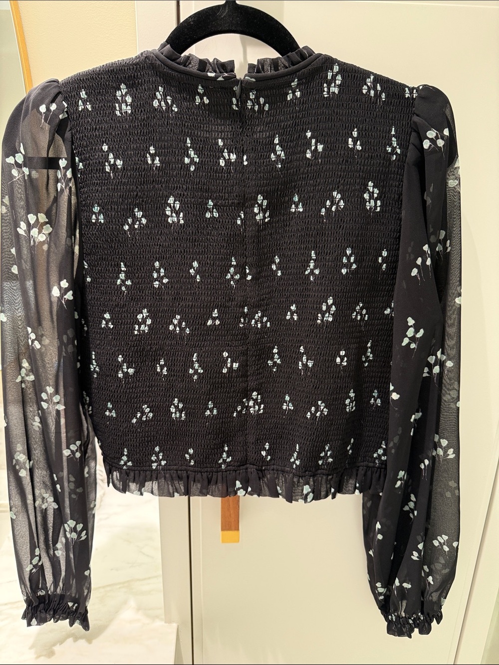 Wilfred Black Sheer Floral Smocked Puff-Sleeve Blouse - Picture 3 of 3